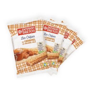 PAYSAN BRETON - Lot de 4 SACHETS de Cr&ecirc;pes Bretonnes Fourr&eacute;es au CARAMEL au Beurre Sal&eacute; (Caramel onctueux et intense)*6-24 Cr&ecirc;pes individuelles dans un emballage en papier recyclable (Les cr&ecirc;pes Paysan Breton, neuf)