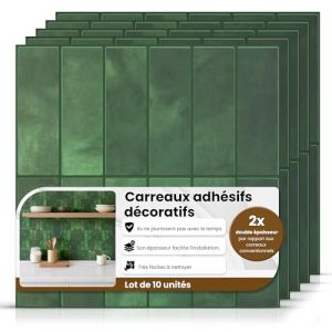 AMARA DECO - 10 Pi&egrave;ces Carrelage Adh&eacute;sif Mural Salle de Bain & Cuisine 30x30cm. Cr&eacute;dence Adh&eacute;sive pour Cuisine, Effet Carrelage Authentique 3D, R&eacute;sistant &agrave; la Chaleur et Facile &agrave; Nettoyer (10, Vert) (La Casita de Amara, neuf)