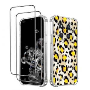 YUEQIAN Coque pour Honor Magic 7 Lite 5G (Magic7 Lite) / X9c, avec 2 Pi&egrave;ces Verre Tremp&eacute; Protection D'&eacute;cran, Transparent Ultra-Mince Motif L&eacute;opard Gu&eacute;pard TPU Silicone Antichoc Housse. Or (YUEQIAN-EU, neuf)