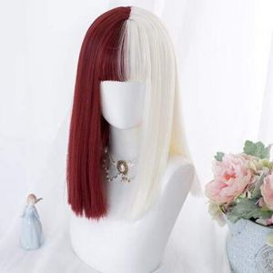 GUANBBD Perruque de cosplay Lolita Harajuku mixte beige rouge perruque longue droite bouclée douce cheveux synthétiques frange adulte fille cosplay quotidien perruque droite seulement (GUANBAIJI1982, neuf)
