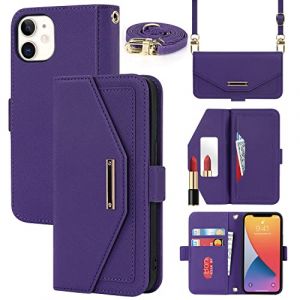 Cavor Coque Compatible avec iPhone 12 Mini Etui avec Cordon,Flip Portefeuille &Eacute;tui Cuir,[5 Porte Cartes][Miroir][Magn&eacute;tique][R&eacute;glable Collier] Housse - Violet (Copmob, neuf)