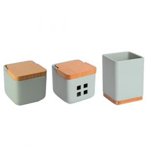 KOOK TIME Set d'accessoires de cuisine - comprend 1x Pot a sel cuisine, 1x Porte ustensiles de cuisine et 1x Pot d'ail - Céramique vert sauge et base et dessus en bambou (Kook Shop, neuf)