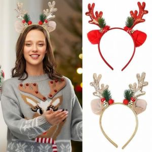 THXFUNAREA Serre-T&ecirc;tes de No&euml;l Renne &ndash; Lot de 2 Accessoires No&euml;l (Dor&eacute; + Rouge), Serre T&ecirc;te Biche Paillet&eacute; pour Adulte et Enfant, Accessoires Cheveux F&ecirc;te et D&eacute;guisement (BYSMDXZDZH, neuf)