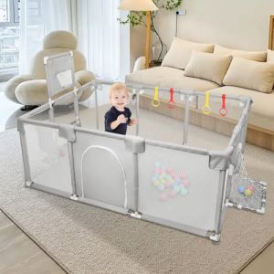 XXL Pliable Parc Modulable B&eacute;b&eacute; Avec Barrieres/Filets/Balle Oc&eacute;anique/4 poign&eacute;es,Parc Bebe,Playpen extra grand pour b&eacute;b&eacute;s et tout-petits,parc enfant,180 * 120 * 66 cm-gris clair (Hechheu, neuf)