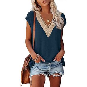 GRMLRPT Chemise Femme D'Été Élégant Chemisiers Découpes Col en V Manches Courtes Casual T-Shirt Mode Épaules Dénudées Shirt Blouse Couleur Unie Ample Casual Hauts Tops Tunique(Bleu,S) (HEERDE-EU, neuf)