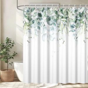 Uiiooazy Rideau Douche Anti Moisissure, Rideau de Douche 180x200cm Vert Feuilles d'eucalyptus Bleu Aquarelle Rideaux de Baignoire Tissu Lavable Imperm&eacute;able Rideaux Salle de Bain avec 12 Crochets (dongguibinjingpinxiaodianpu, neuf)