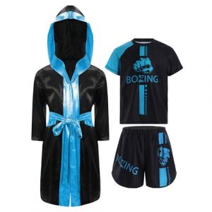 Oyolan Enfant Garçon Short de Boxe et T-Shirt Peignoir Robe de Boxe à Capuche Ensemble Combat Muay Thai MMA Kick Boxing A Bleu Ciel 7-8 Ans (Oyolan EU, neuf)