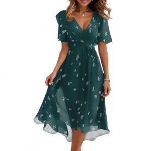 Robe de Femme Chic et Elegant Mi Longue Robe D'été Printemps Femme de Boheme Fleurie Vetement Femmes Boho Robes Printemps Manches Courtes Robes de Plage Bal Cocktail Soiree D'été (Dark Green,Large) (QU-XINYU, neuf)