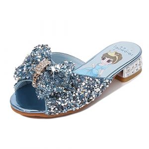 Monissy Princesse Fille Chaussures à Talon Haut Pantoufle Argenté Paillette Noeud Elsa Badge Semelle Elsa Imprimé Reine des Neiges Sandale Bouche de Poisson Noël Halloween, Bleu, 28 (Monissy, neuf)