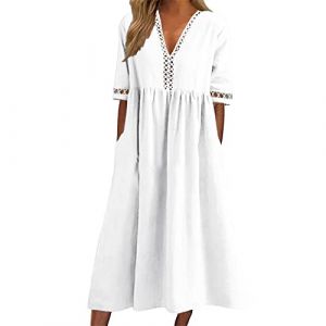 WVONIF Robe D'&eacute;t&eacute; Longue pour Femme Longue Pas Cher Midi Chic Mi Longue Robe D'&eacute;t&eacute; D&eacute;contract&eacute; Midi Robes Manche Courte L&acirc;che Impression Sexy Dress Mi-Longue Genoux Jupe Robe Bleu Marine (BAULMD（90% Big Promotion Without Discount Code ）, neuf)