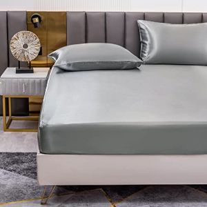 Drap Housse Satin 135x190 cm 2 Personnes avec Grand Bonnet de 30 cm pour Matelas &Eacute;pais - Drap-Housse Douce en Satin de Polyester Couleur Unie, Gris Fonc&eacute; (Cote d'Anran, neuf)