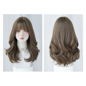 Perruque Avec Frange Perruque ondul&eacute;e marron naturel for femme, longue perruque ondul&eacute;e boucl&eacute;e d'aspect naturel, perruque en fibre synth&eacute;tique r&eacute;sistante &agrave; la chaleur, adapt&eacute;e aux festivals de musiqu (yingyingyy, neuf)