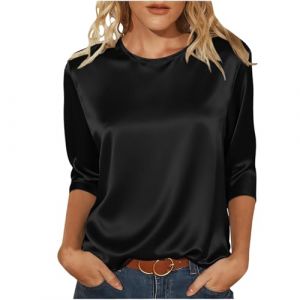 G&eacute;n&eacute;rique Chemise Femme Coton Chemisier Femme Satin en Soie Pliss&eacute; Chemisier Chic et &Eacute;l&eacute;gant Chemises Col Rond Fete Classique Blouse &agrave; 3/4 Manches Blouses de Soir&eacute;e Business Top Noir XL (peibaishuno, neuf)