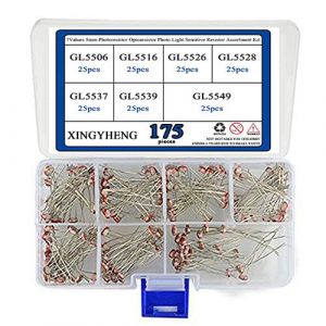 BGTXINGI Assortiment de 175 résistances photosensibles à la lumière 7 valeurs 5 mm (GL5506/GL5516/GL5526/GL5528/GL5537/GM5539/GL5549) (LDR photorésistance dépend de la lumière) (YUANHENG UR, neuf)