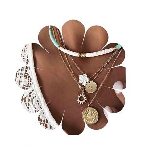 Yheakne Boho Couches Heishi Surfer Collier Ras du Cou Blanc Heishi Perle Collier Ras Du Cou Coin Disque Pendentif Collier Étanche Soleil Fleur Collier Chaîne Bijoux pour Femmes et Filles (Yheakne-UK, neuf)