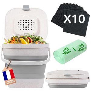 Composteur de Cuisine sans Odeur avec 10 Filtres à Charbon - Poubelle à Compost 4L pour Cuisine & Appartement – Kit avec Seau + 10 Filtres Anti-Odeur + 25 Sacs Poubelle + Guide Compost (Grise) (All Lean, neuf)