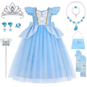 YYDSXK Deguisement Princesse Fille, Robe Princesse Cendrillon avec Couronne Princesse Collier Ensemble, Cendrillon Costume Carnaval Enfant, Déguisement Cendrillon Fille pour Cosplay (B, 130) (Miscco-FR, neuf)