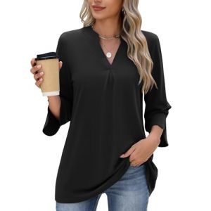 heekpek Chemisier Femme Chic et &Eacute;l&eacute;gant Blouse Col V Tee Shirt Femme Manche 3/4 D&eacute;contract&eacute; Ample Haut Manche Longue Top Printemps &Eacute;t&eacute; Automne, Noir, S (HKPK, neuf)