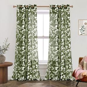 MRTREES Rideau Voilage Vert Olive Transparent 140x240 CM Salon Moderne Lot de 2, Rideau en Voile Motif Imprim&eacute; Feuilles Blanches Rideaux Voilages Int&eacute;rieurs &agrave; Oeillets pour Porte Fenetre Chambre (MRTREES HOME, neuf)