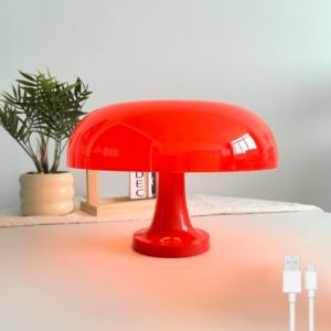 OOWOKS Lampe champignon, lampe de table LED sans fil, intensit&eacute; r&eacute;glable avec commande tactile, lampe de table rechargeable, abat-jour en acrylique champignon, 1800 mAh, rechargeable par USB,Rouge (AMZ-0, neuf)