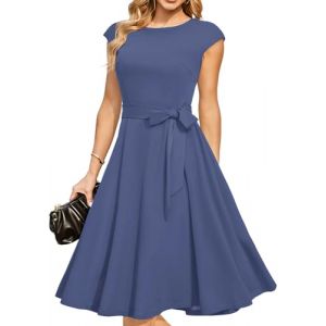 DRESSTELLS Robe Cocktail Mariage Vintage Robe Casual Femme Robe de Soiree Femme Robe bapt&ecirc;me col Rond Manches Courtes Gris-Bleu S (Dresstells, neuf)
