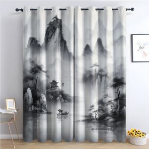 Rideau Occultant Japonaise, Rideau Isolant Thermique pour Salon Chambre, Rideaux Motif Paysage Oriental, Rideau Opaque &agrave; Oeillets, Lot de 2 Rideaux et Draperies Int&eacute;rieur 140x260cm LxH (W7-&223) (yongruifangzhi, neuf)