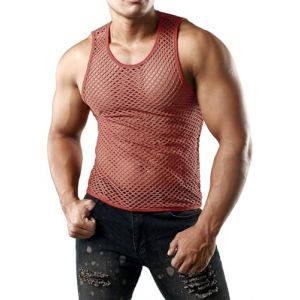 JOGAL T-shirt transparent pour homme &agrave; manches courtes en filet pour muscles, Rouge et marron., XXL (JOGAL Store, neuf)