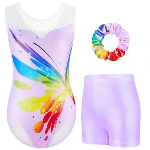 Boteria Justaucorps de Gymnastique pour Filles Trois Pi&egrave;ces Maillots de Gymnastique Gymnastique &agrave; Sans Manche avec Short et Bandeau (Violet, 5-6 ans) (AYHPKJ, neuf)