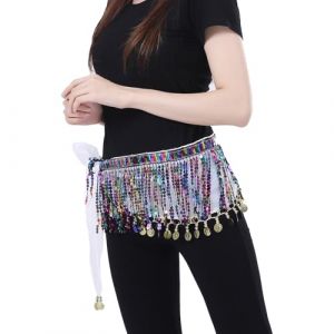 Bailinks &Eacute;charpe de hanche sequins pour danse orientale, jupe en mousseline avec pi&egrave;ces monnaie pour la danse du ventres, les cours de yoga,performances-Ceinture &eacute;charpe de danse pour femmes (Blanc) (FZTOP-EU, neuf)