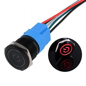 JIQI 22mm Interrupteur &agrave; bouton-poussoir en m&eacute;tal &eacute;tanche &agrave; verrouillage, 12V &agrave; 24V 2A IP66 1NO 1NC, avec symbole d'alimentation LED, bouton poussoir noir pour voiture DIY Auto(rouge) (LUBAN STORE, neuf)