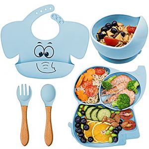 FILOWA Assiette Ventouse pour Bébé Sans BPA Set Vaisselle 5 PCS Silicone Coffret Repas avec Antiderapant Bol Assiette Compartiment Cuillère Fourchette Bavoir Couverts pour Enfant Garcon,Bleu Éléphant (FILOWA, neuf)