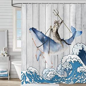 Hnmdmyi Rideau de Douche Dr&ocirc;le de Chat 90x180, Chat Cool chevauchant Une Baleine avec Japon Kanagawa Vagues sur Rustique Rideau de Baignoire en Bois Enfants Ferme &eacute;tanche Tissu Lavable Rideau de Bain (Hnmdmyi, neuf)