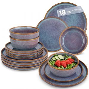 vancasso S&eacute;rie PLAYA Service Vaisselle 6 Personnes, Service Complet 18 Pi&egrave;ces en Gr&egrave;s - 6 Assiettes Plates, 6 Assiettes &agrave; Dessert et 6 Bols - Adapt&eacute; au Micro-Ondes, Gla&ccedil;ure Gris Bleu (vancasso Ceramic Art, neuf)