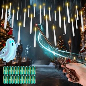 MOZC Bougie Flottante avec Baguette magique, 24pcs Cierges Magiques avec 25 AAA Batteries, LED Bougies avec fonction de minuterie 6H, Clignotant bougie f&ecirc;te d'anniversaire Cadeau No&euml;l D&eacute;coration (MOZC, neuf)