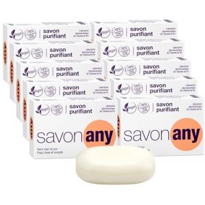 SORIFA - Lot de 10 – Savon purifiant ANY – Visage et corps – Hygiène quotidienne - Peaux à problèmes – Peaux pigmentées – Base lavante 100% végétale - Sans parfum - Pain 100 gr. (DERMACARE-PRO, neuf)