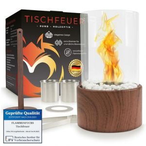 Cheminée de Table Unique au Look Bois élégant - Ensemble de feu de Table XXL pour intérieur et extérieur - Cheminée de Table à l'éthanol Bio - Durée de Combustion Infinie - avec Flamme réglable (A.O ecommerce, neuf)