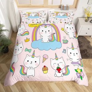 ZZTBQ Animaux de Dessin animé Housse de Couette pour Chambre Enfant 1 Personne 140x200/65x65 (2 Piece) Lit d'enfant Arc-en-Ciel Licorne & Chat Parure de lit Enfant pour Garçons et Filles (ZZTBQ, neuf)