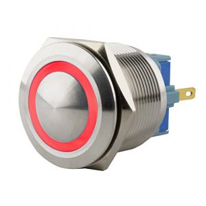 SeKi Bouton poussoir en acier inoxydable - Diam&egrave;tre : 25 mm - Forme de t&ecirc;te bomb&eacute;e - Anneau LED color&eacute; - &OElig;illets &agrave; souder rouges - Connecteur 0,5 x 2,8 mm - Bouton de sonnette (ST-Vertrieb, neuf)