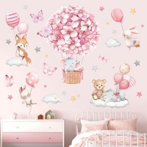 decalmile Stickers Muraux Animaux Montgolfière Rose Autocollant Mural Fleurs Ballons Eléphant Ours Décoration Murale Bébé Pépinière Chambre Enfants Salon (DecalMile Direct, neuf)