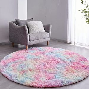 VOFUSHON Tapis Rond Salon Shaggy Descente de lit Chambre Grande Taille Tapis avec Le Fond Antidérapant, Tapis Décoratif de Style Moderne pour Salon Chambre Canapé Natte(Ø 120 cm Rond,Arc-en-Ciel) (VOFUSHON-Home, neuf)