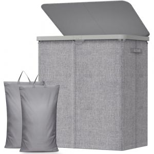 Lifewit Panier a Linge 2 Compartiment 145L, Corbeille a Linge Plastique avec Couvercle, Grand Bac a Linge avec Plastique Poign&eacute;es et Double Sacs Amovibles pour Chambre, Salle de Bain, Buanderie, Gris (Lifewit Home FR, neuf)