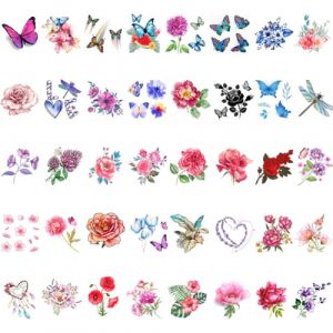 40PCS Coloré Tatouage Ephemere Fleur, Petits Tatouage Autocollants, Feuilles Papillon Fleurs Autocollants Temporaires Tatouage, Corps Art Maquillage Faux Tatouage pour Femmes Filles, Type 1 (Surakey, neuf)