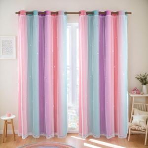 ele ELEOPTION Rideaux Occultants Chambre Enfant avec Oeillets d'Etoiles Décoration Chambre Fille, Double Couche pour Chambre d'enfants, Salon Chambre, Rose & Violet, 132 W x 160 L cm, 1 Rideau (EleoptionFR, neuf)