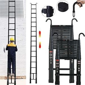 Échelle télescopique de 6,2 m avec crochet de toit amovible - Échelle noire pliante - En aluminium - Capacité de 330 kg - Certifié EN131 (LuckyPockett, neuf)