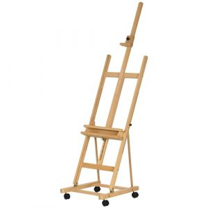 Vinsetto Chevalet d'artiste pliant sur roulettes en bois de hêtre pour toiles jusqu'à 118 cm, hauteur réglable, inclinaison réglable de 90° max. avec porte-pinceau en bois naturel (Aosom FR, neuf)