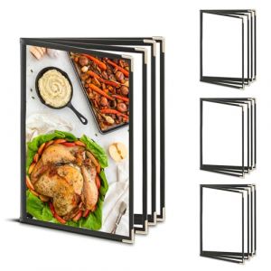 Lot de 4 porte-cartes de menu pliables A4, 4 pages, 8 vues, porte-menus transparent pour papier A4, porte-menus pour restaurant, hôtel, bar, café - Protection des bords en métal (aimilll, neuf)