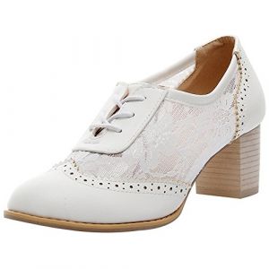Jamron Femmes &Eacute;l&eacute;gant Dentelle Bride Chaussures de Mariage Bloc Talon Oxfords Chaussures de Ville Blanc SN02107 EU40 (No.7 Fashion House, neuf)