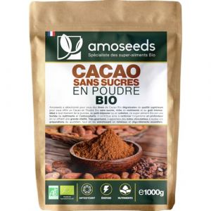 Cacao Sans Sucre en Poudre Bio 1KG | 100% de Fèves de Cacao Dégraissées Bio | Goût chocolaté intense | Qualité Supérieure (Amoseeds, neuf)