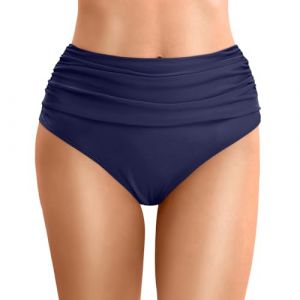 Bas Maillot De Bain Taille Haute pour Femme Bikini Taille Haute Ruched Bikini Slips Couleur Unie Triangle Short de Bain Amincissant Gainant Ventre Plat Bas Bikini de Plage (01 Bleu foncé, L) (Minenany, neuf)