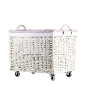 e-wicker24 Coffre de rangement, Panier &agrave; linge rectangulaire, panier en osier avec roulettes et doublure en tissu, malle rangement osier,corbeille, boite(Blanc_rose) (e-wicker24, neuf)